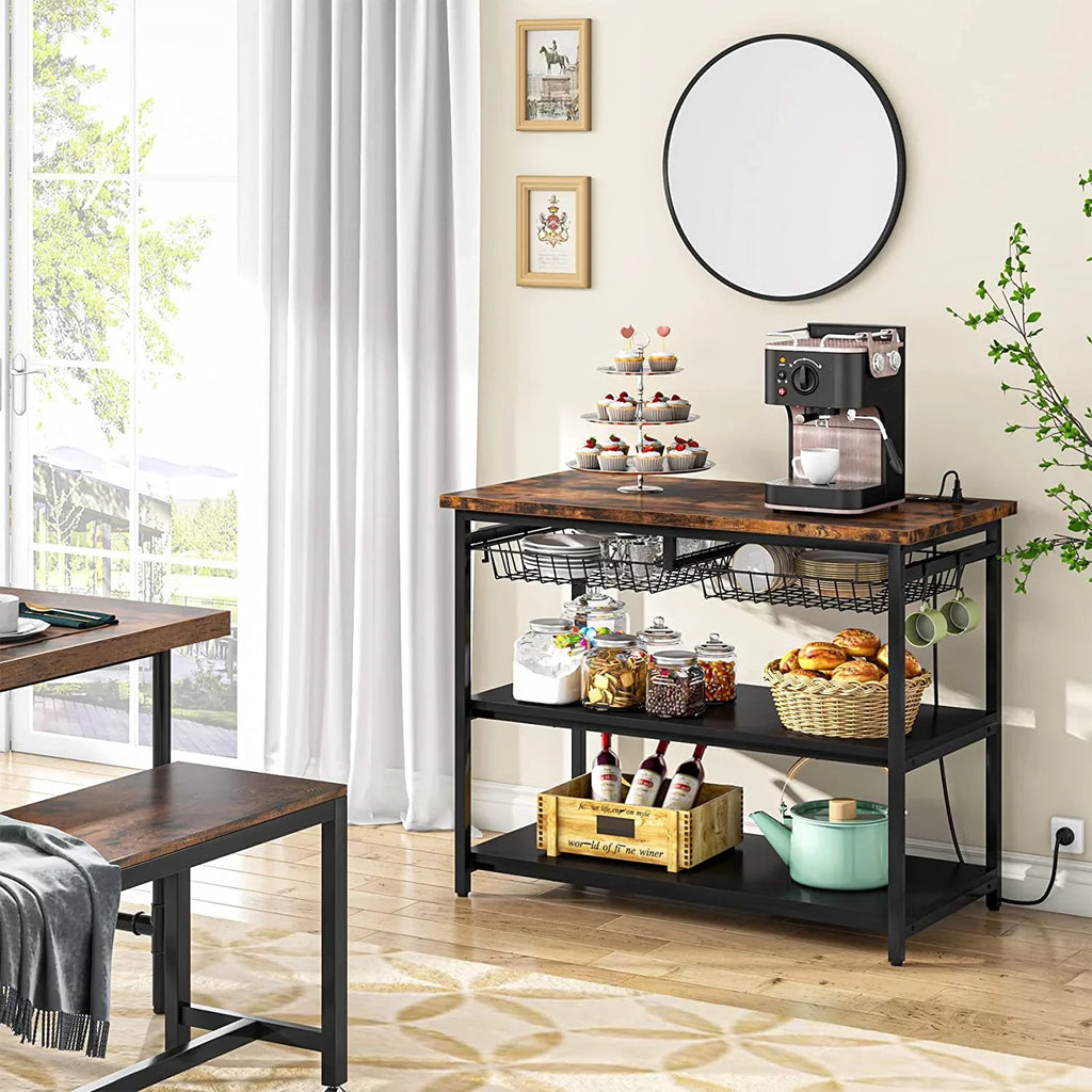 Stckjxx Kitchen Island With Industrial Island Table With Power Outlets And Wire Baskets 3 Tier Microwave Oven Stand Butcher Block Island With Large Worktop 4 Hooks Rustic Brown