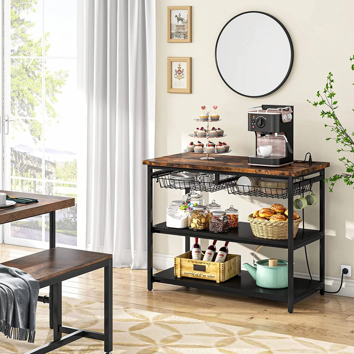 Stckjxx Kitchen Island With Industrial Island Table With Power Outlets And Wire Baskets 3 Tier Microwave Oven Stand Butcher Block Island With Large Worktop 4 Hooks Rustic Brown