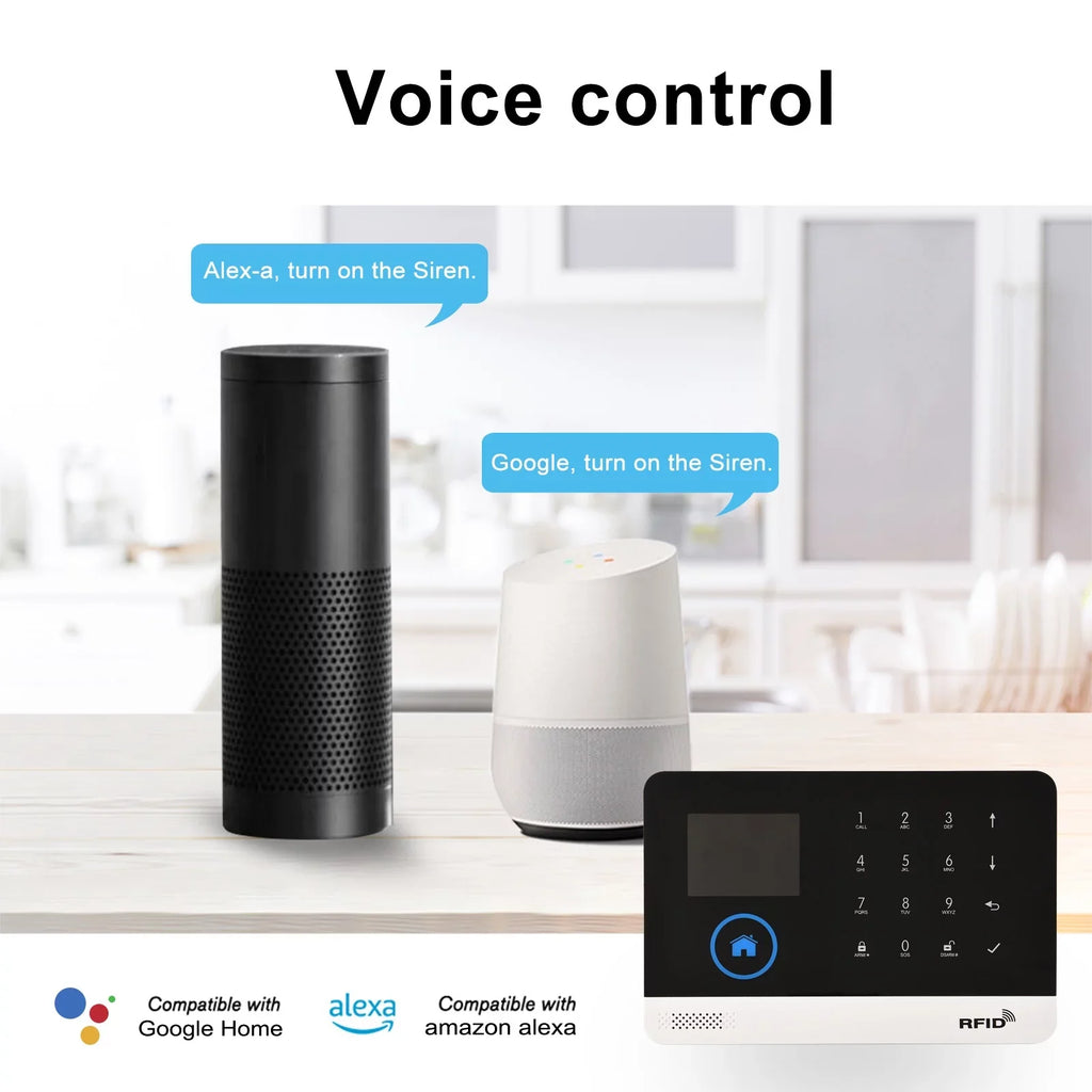Voice Sensor 433MHz GSM Door Control Wireless Smart APP Home Burglar Motion Control Remote Home WIFI System Alarm System LCD Auto-dial Display Phone Alarm with Compatible Sensor + PIR