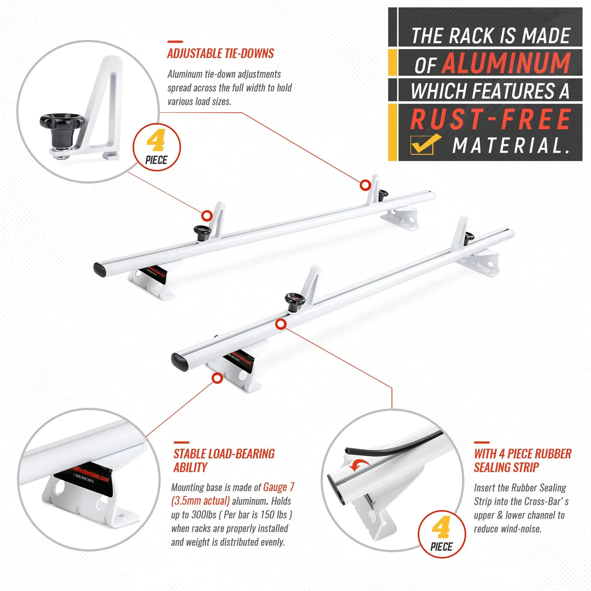 AX312-PR (50") White ProMaster AA-Racks Van City Aluminum w/ 2015-On Stopper 2 System RAM Ladder Roof Model Rack Bar