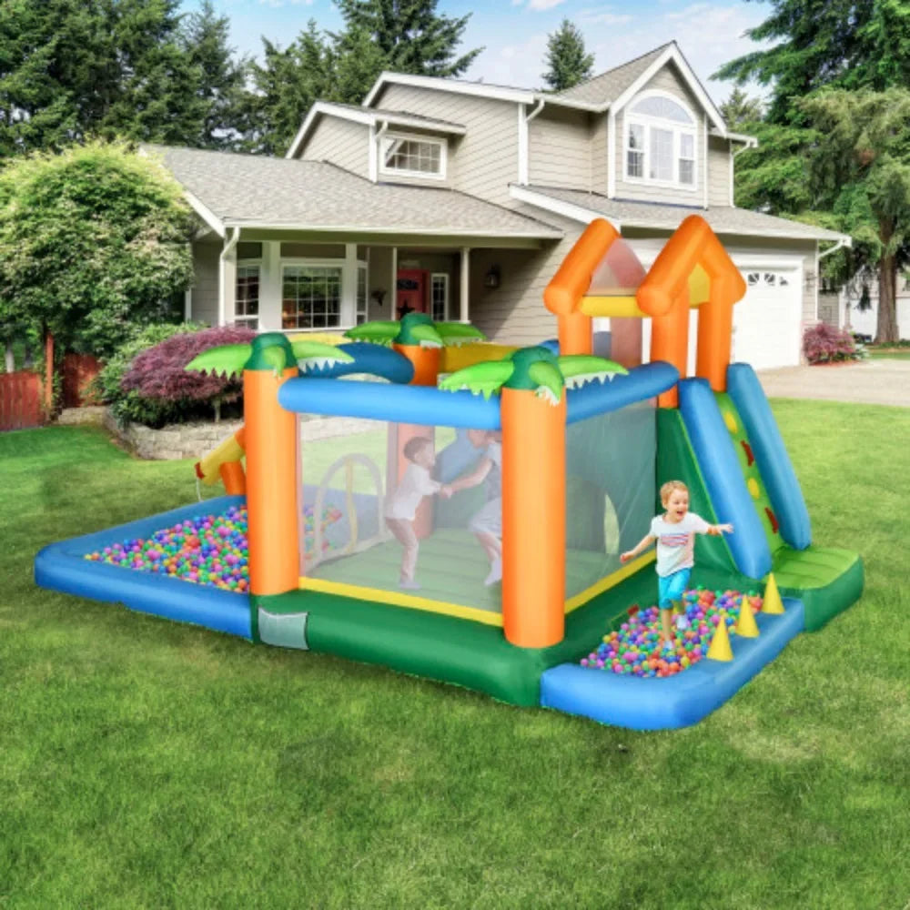 Outsunny 6-In-1 Tropical Inflatable Water Slide Summer Theme Jumping Castle Includes Floating Ball Slide Trampoline Pool Cannon Climbing Wall With Carry Bag, Repair Patches And 450W Air Blower
