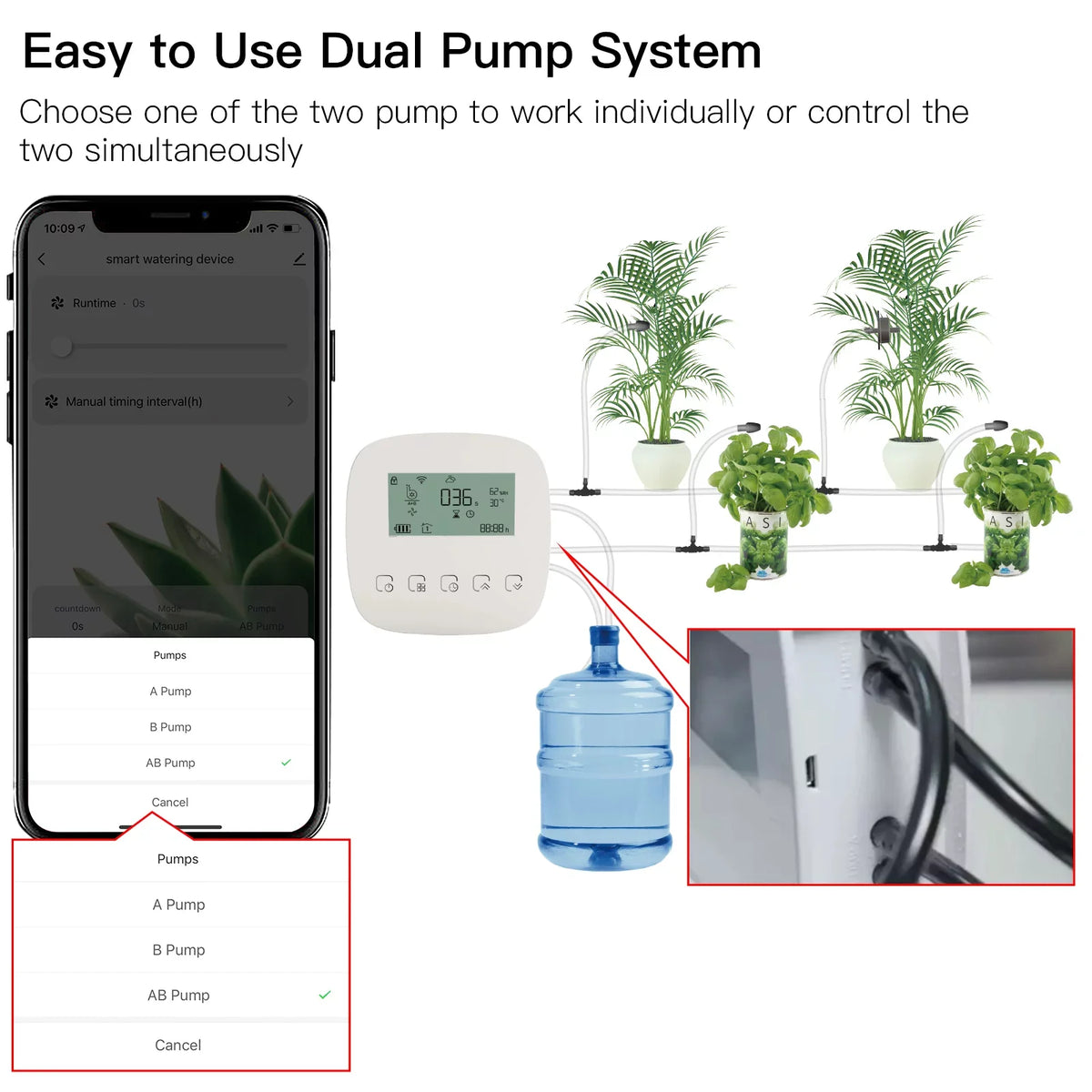 USB Automatic Time Device Pump Charging Panel/ Home Manual Programmable with Watering Voice/ Solar Dual Control Compatible System Watering Built-in Watering WiFi/ Arealer for System Battery Smart