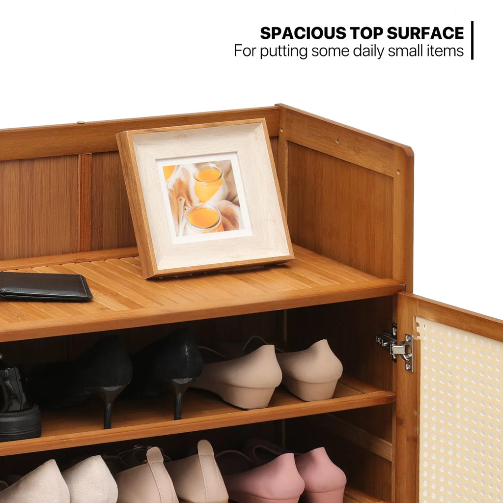 20 MoNiBloom ABS Storage Organizer with Cabinet Brown Shoe with Bamboo Cabinet, Wide Pairs Rattan Sneakers and Shelves, Heels Shoe 6-Tiers Rack Doors, Countertop
