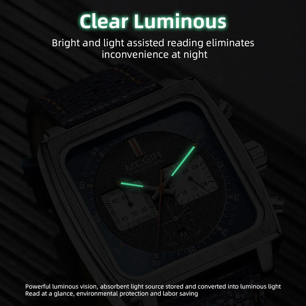 Display Watch Men's Date MEGIR Leather - Watch KingFurt Dial Square Waterproof Blue Luminous, Quartz -