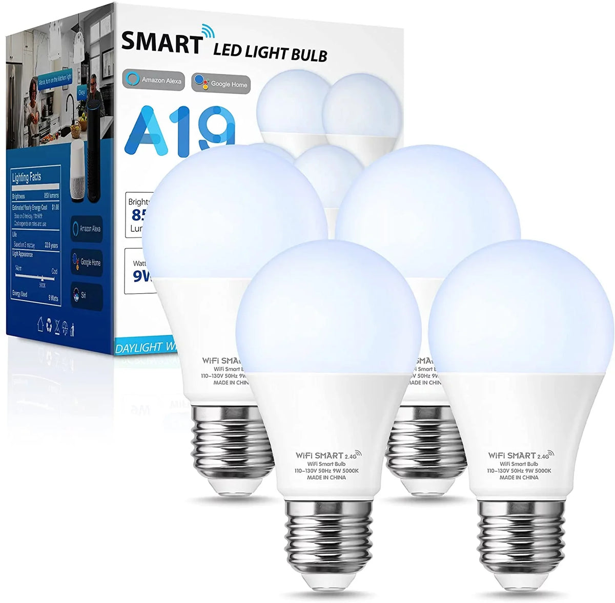 LED 5000K, Dimmable, 9W 60W, A19 Smart Home Bulb Pack Daylight Bulb YANSUN Work with Alexa, Siri,WiFi 850LM,4 Light &
