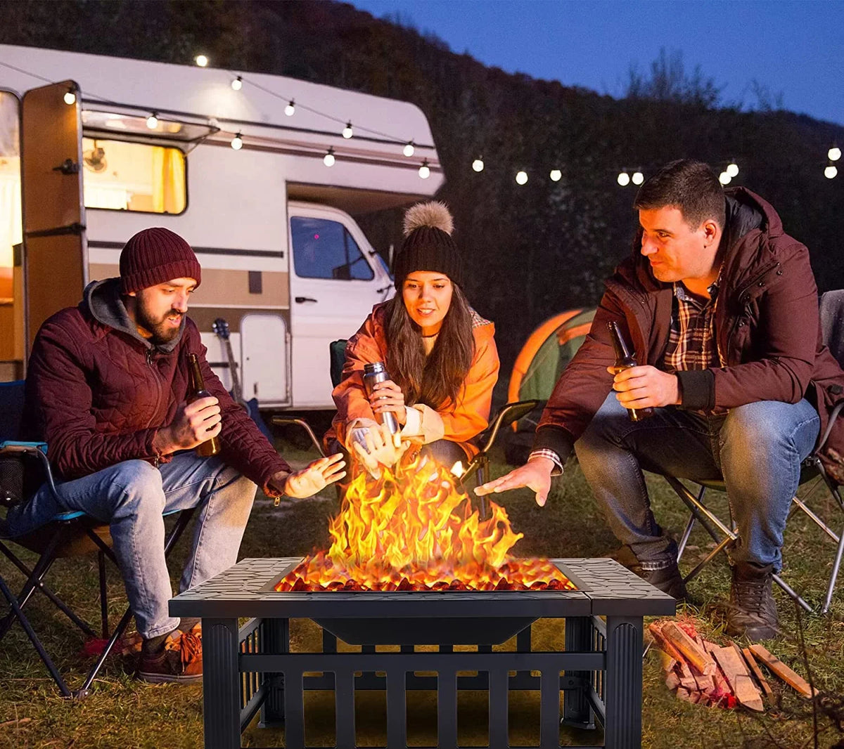32" Fire Square with Pit, Spark or Burning Safe Bonfire Cover for Warmth, exterior Table Outside, BBQ Fire Grand Poker Patio for Mesh Wood Backyard Cooler & Patio Screen Lid Firepit Pit