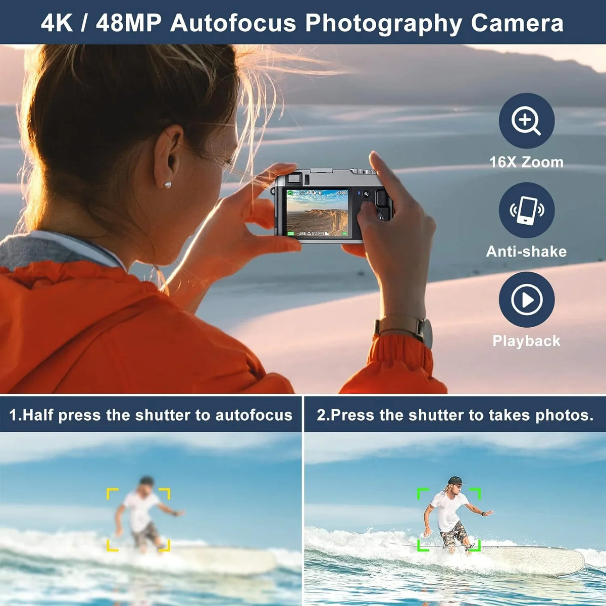 32GB Vlogging for Camera Camera YouTube Video 4K Camera Autofocus SD Photography 4K Digital Card Digital 16X Zoom with for 48MP