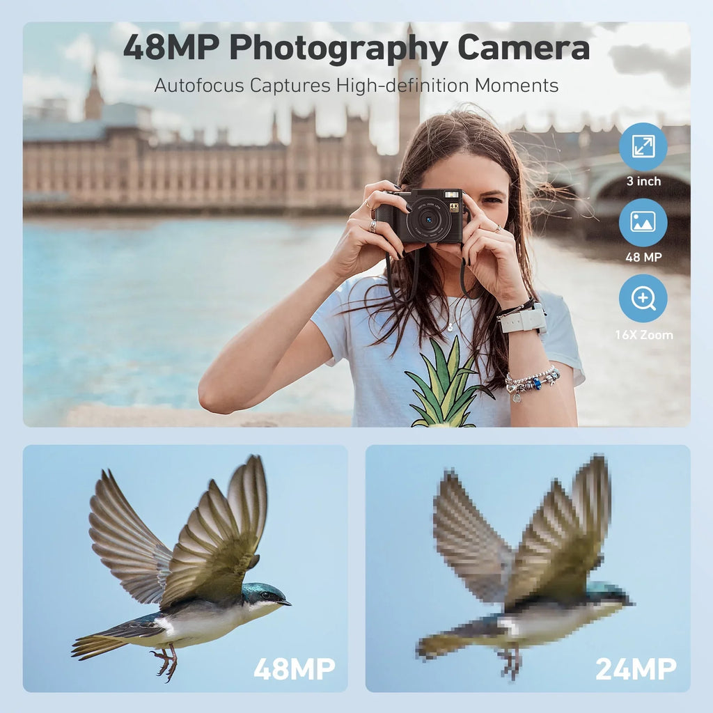 3’’ 4K Camera Digital Screen Vlogging Function Flash, Photography with Liftable 16X & Digital Camera YouTube Zoom Camera for Macro 48MP 180°Flip MARVUE