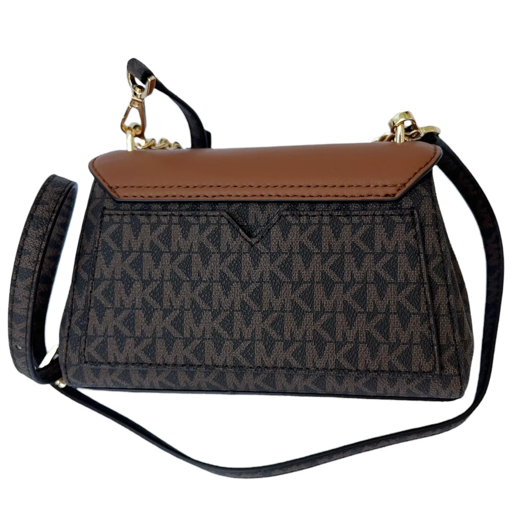 Michael Leather Small Crossbody Bag Two Logo MK Brown Kors Tone Lita