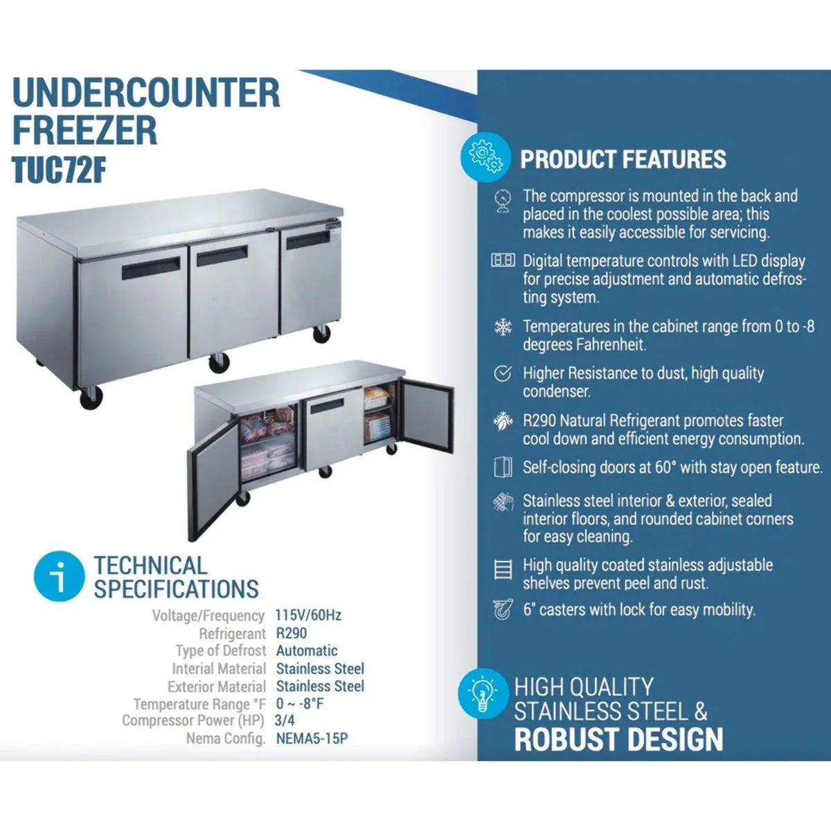 West Kitchen Wduc72F 72 Undercounter 3 Door Worktop Freezer