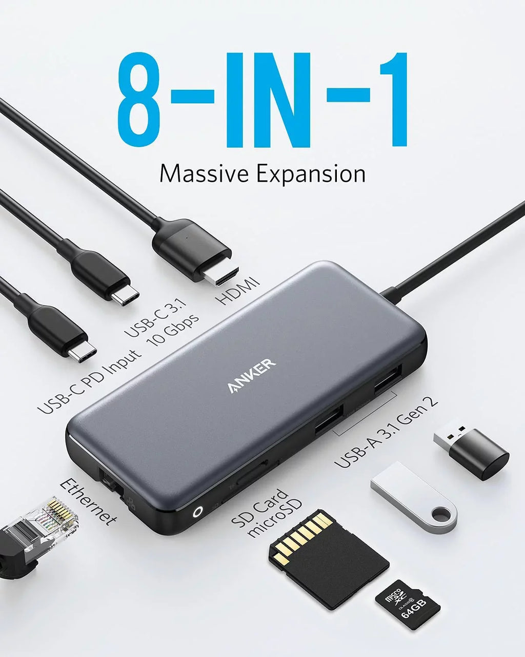 Power HDMI,Ethernet Hub 8-in-1 Adapter with C Anker Reader 100W 60Hz Delivery,4K Port,SD Card USB