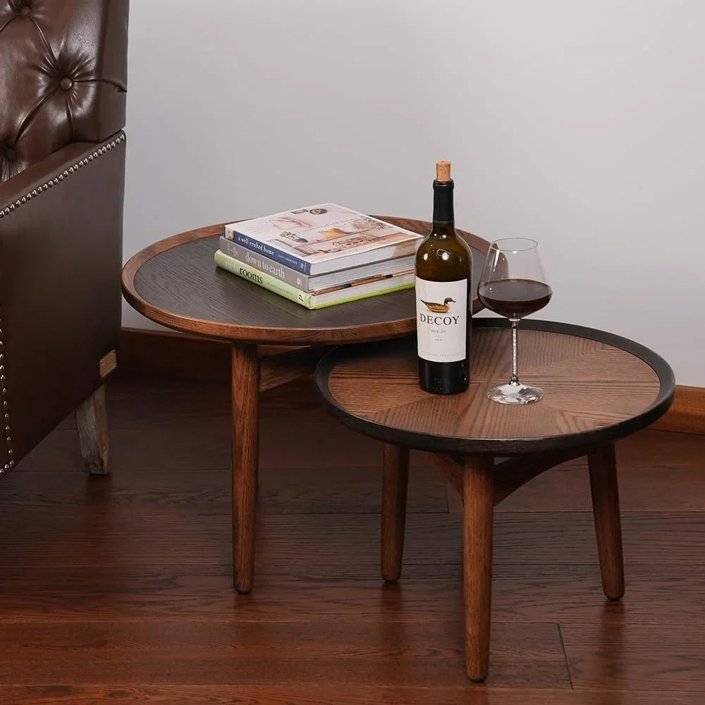 Coffee with CONSDAN Standard & Hardwood Balcony - Feet Side Table Solid Oak Wood Round Structure for Living Room, Solid Bedroom, Table Nesting Table,
