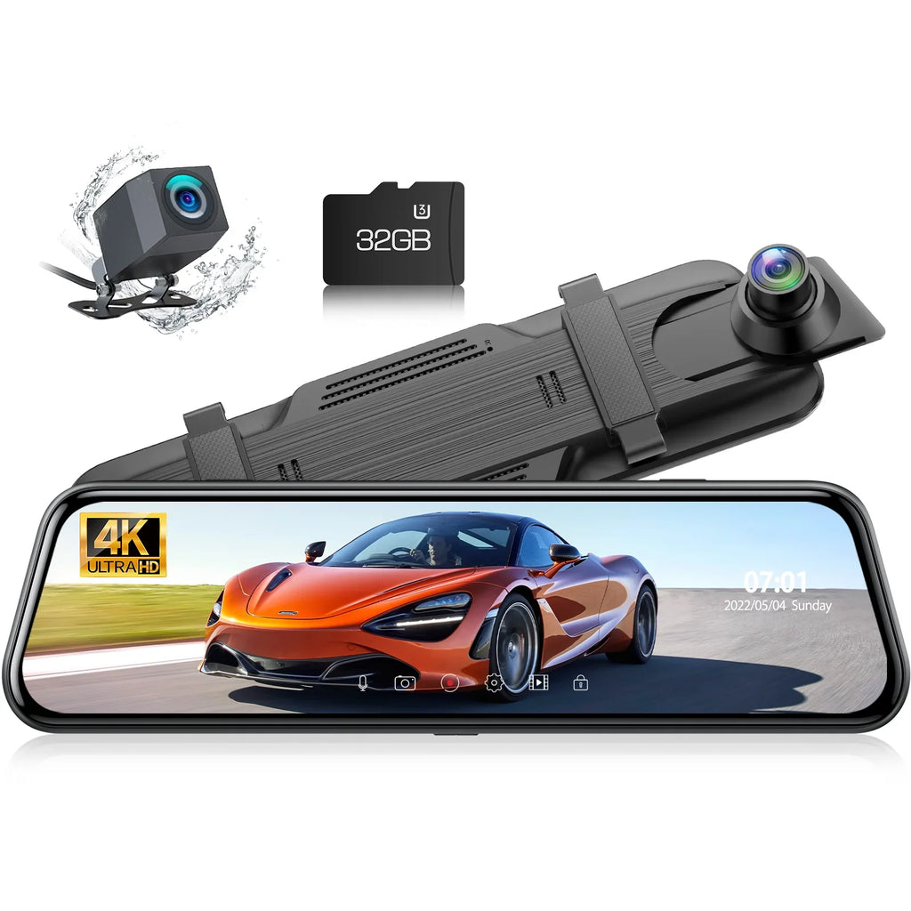 Toguard Backup Camera Rear View Mirror Camera, 10" Touch Screen 4K+1080P Front And Rear Dash Cam, With 64Gb Memory Card, Parking Assist, Parking Monitoring, Gps