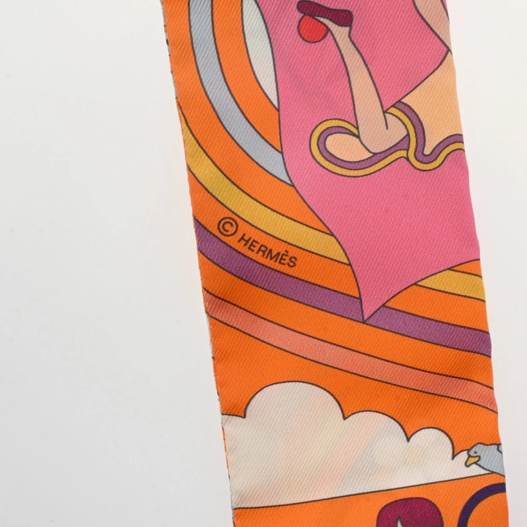 Silk Volants Muffler - (Like Scarf New) Orange/Rose/Mauve HERMES 100% Pre-Owned Women's Twilly Carres