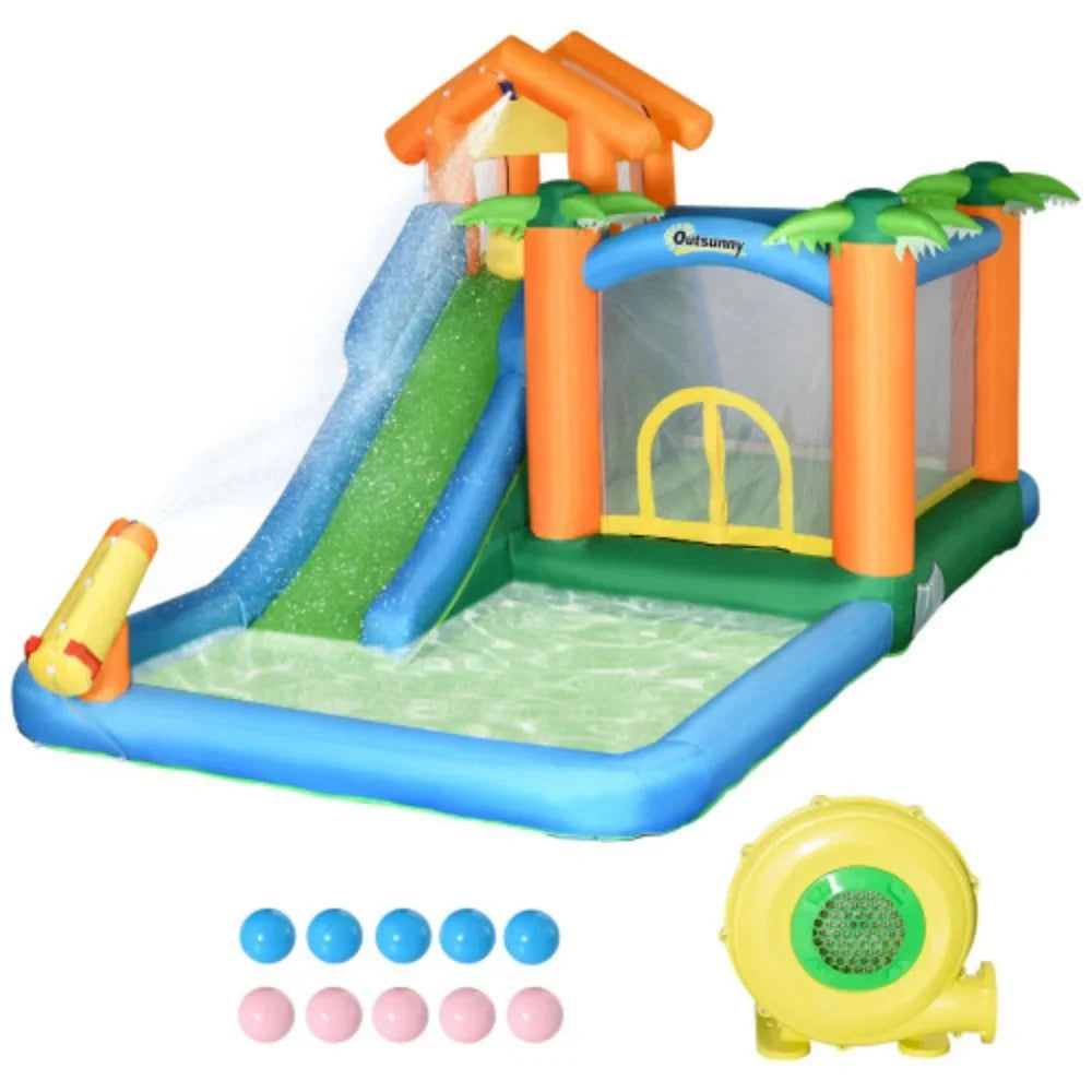 Outsunny 6-In-1 Tropical Inflatable Water Slide Summer Theme Jumping Castle Includes Floating Ball Slide Trampoline Pool Cannon Climbing Wall With Carry Bag, Repair Patches And 450W Air Blower