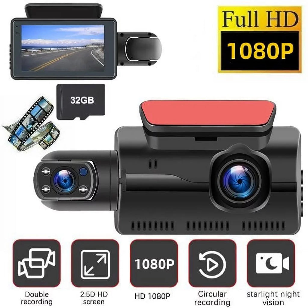 Dash Cam Front And Inside For Car, Dual Dash Cam W/32Gb Tf Card, Hd 1080P Car Camera Dual Lens, Wide Angel Dvr Car Parking Driving Recorder Night Vision Loop Recording G-Sensor