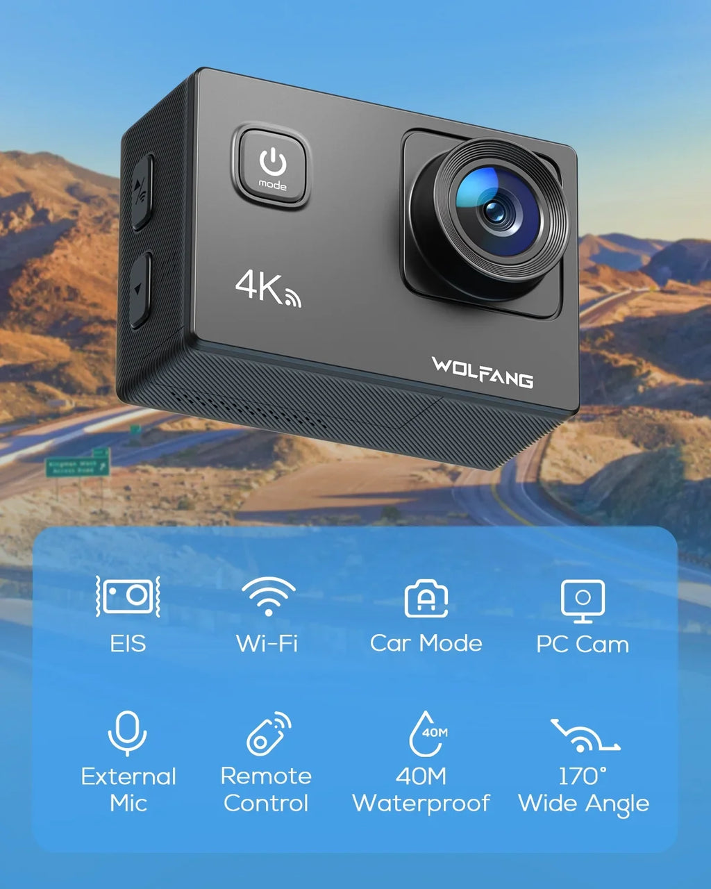 Stabilization 4K Camera Action WiFi Camera 20MP Cam Action Video Waterproof 170� Camera 40M EIS Underwater WOLFANG
