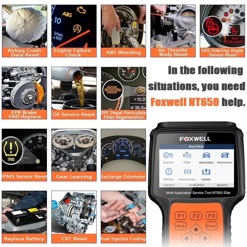 with Code TPMS DPF Air NT650 EPS Reset Light FOXWELL Oil II Car ABS OBD2 Battery Scanner Registeration TPS Automotive Reader EPB OBD Bag Elite SAS