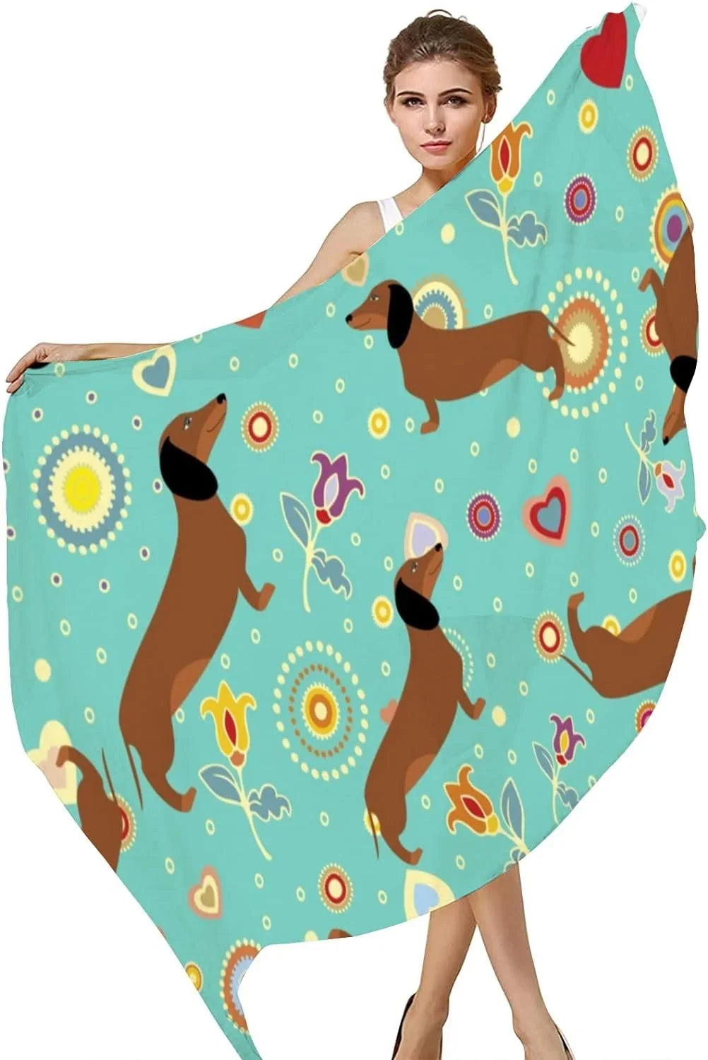 Hyjoy Dachshunds On Turquoise Floral Long Silk Neck Scarf Lightweight Shawl Wrap Scarves For Women Girls