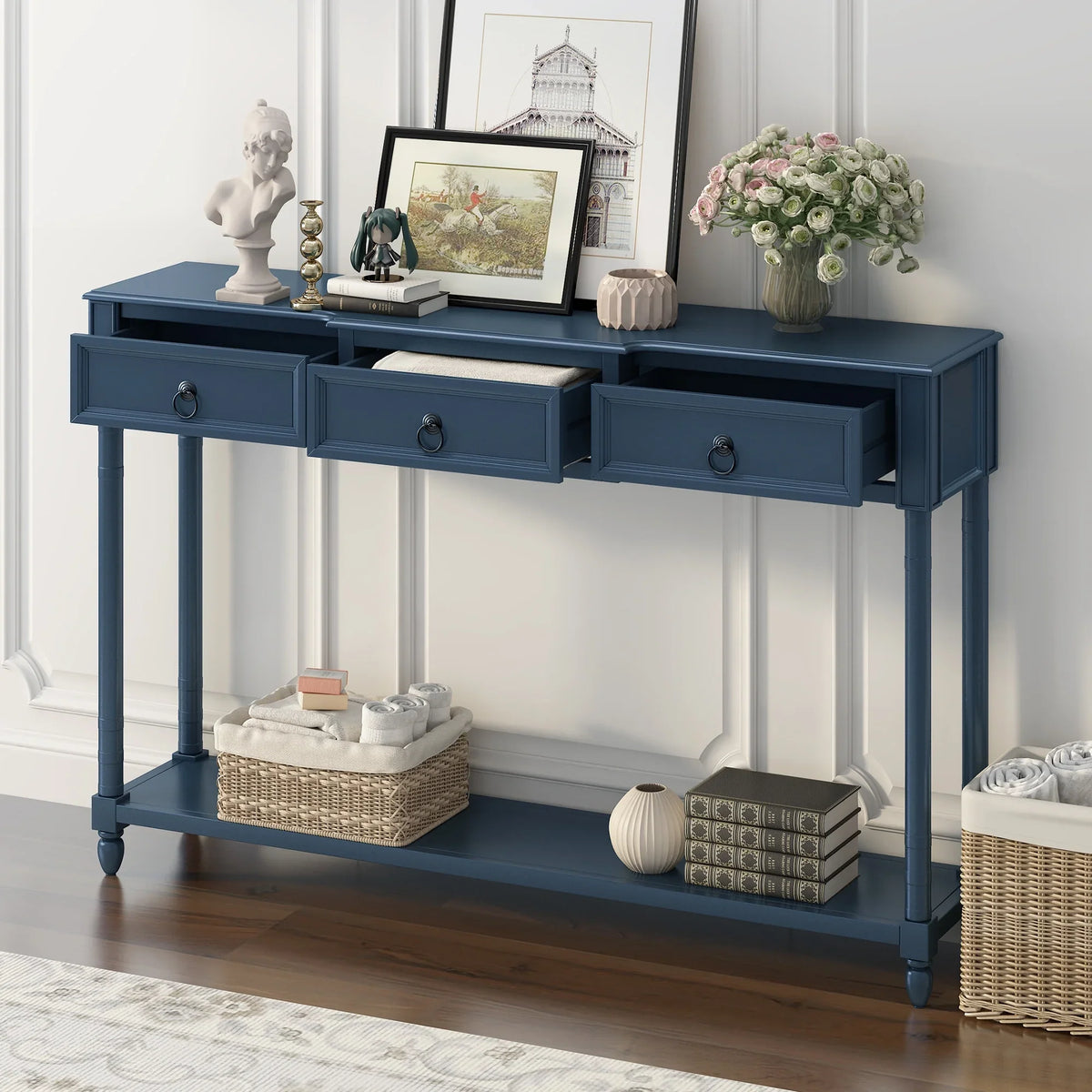 Table SKU: Drawers for Drawers Projecting Table and (Antique Shelf Entryway OLD Long WF189574AAM) Console with Navy, Sofa with