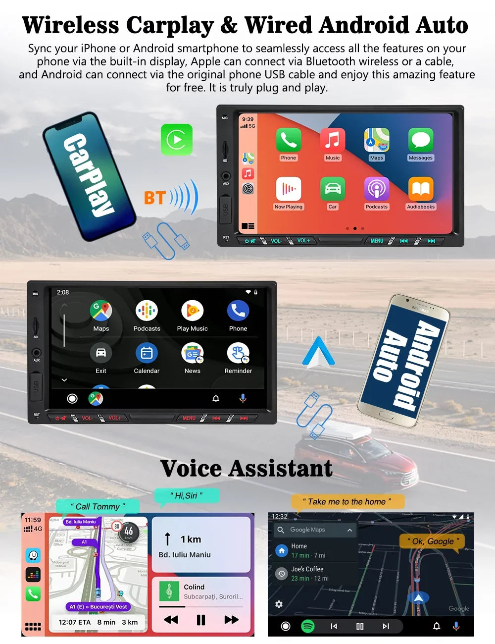Android 11 Car Stereo With Wireless Apple Carplay Double Din Android Auto Car Radio 7 Inch Ips G+G Touch Screen Bluetooth Wifi Gps Navigation Mirrorlink Dsp Octa Core Backup Camera