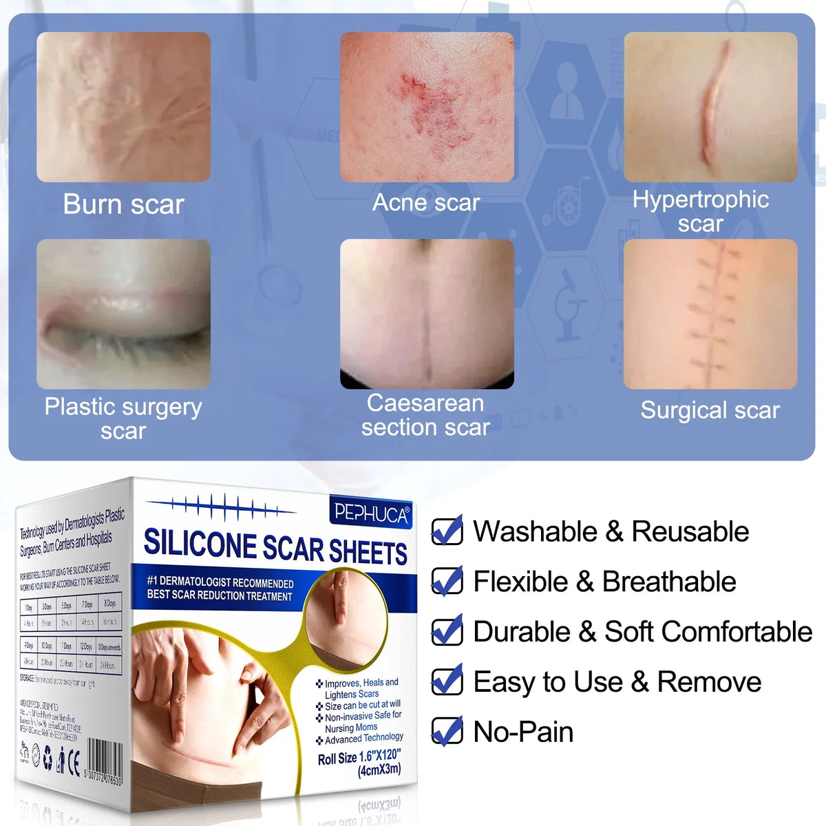 Scar Sheets,Reusable Scar Supply,Transparent Silicone Silicone 2 Pephuca 1.6inch - 6 x Months for and Pack Grade Removal,120inch Medical Breathable Roll Gel Tape Reusable