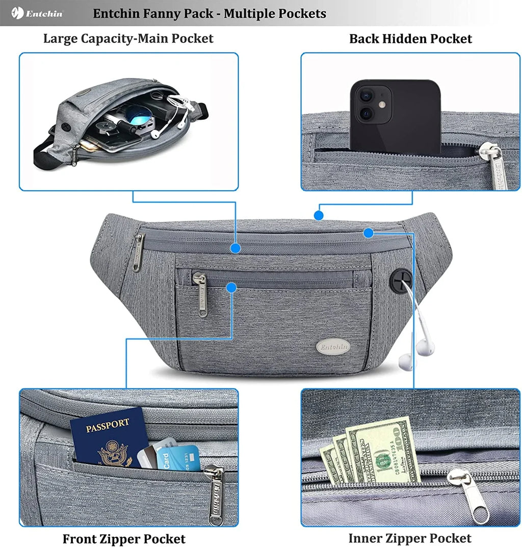 Bags Pockets, Running, premium Travel, Waist Pack Hiking, Casual Fanny for Bum Men Crossbody Cycling Women for Entchin fashion 4-Zipper and Pack with