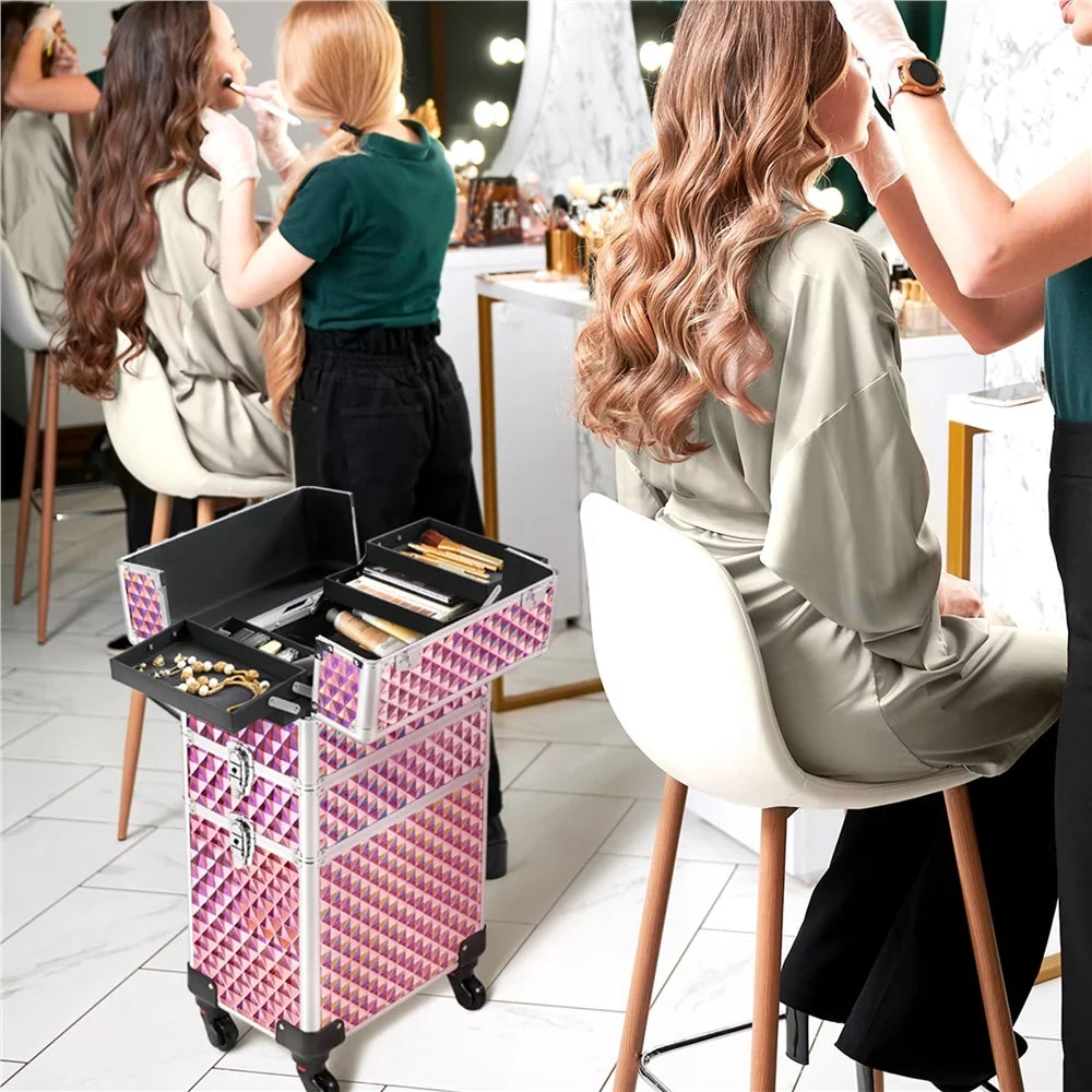 with 3-in-1 Trolley Large Makeup Rolling Case Storage, Topeakmart Pink Train Cosmetic