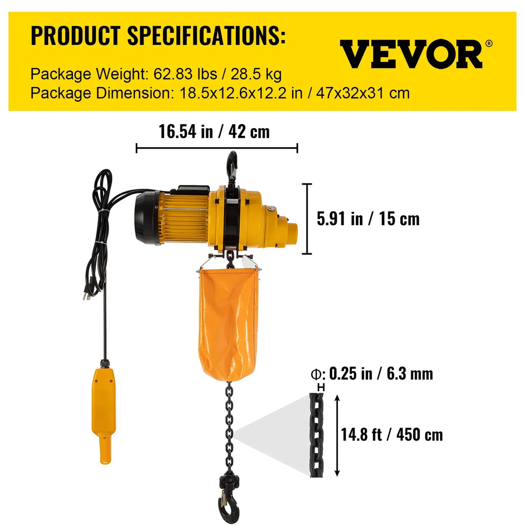 Vevor Lift Electric Hoist, 1100 Lbs Electric Winch W/ 10Ft Wired Remote Control, 110V Overhead Crane Garage Ceiling Pulley Winch Of 14.8Ft Lift Height, Used In Factories, Warehouses, Construction