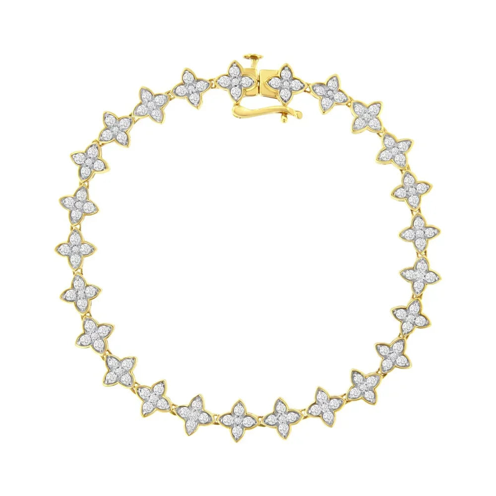 10K Yellow Gold 2.0 Cttw Round-Cut Diamond 4 Leaf Clover Link Bracelet (J-K Color, I1-I2 Clarity) - 7.25"