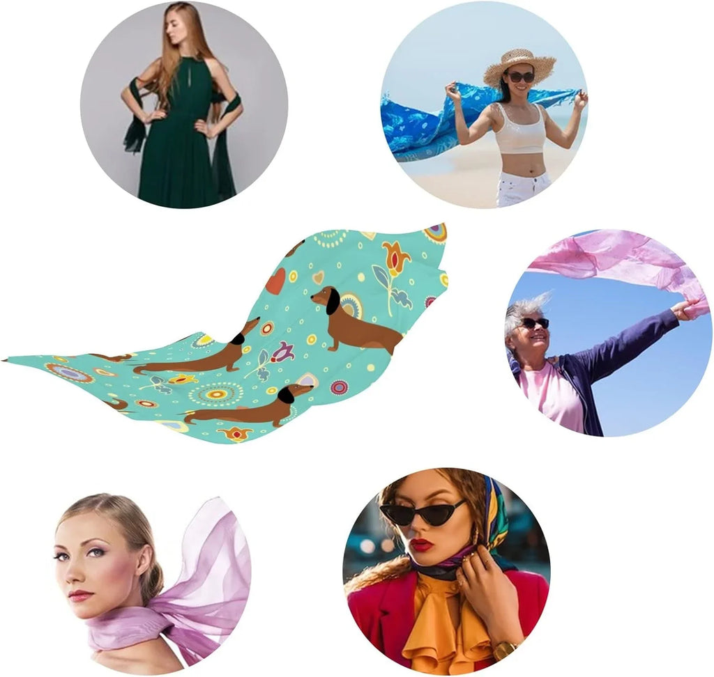 Hyjoy Dachshunds On Turquoise Floral Long Silk Neck Scarf Lightweight Shawl Wrap Scarves For Women Girls
