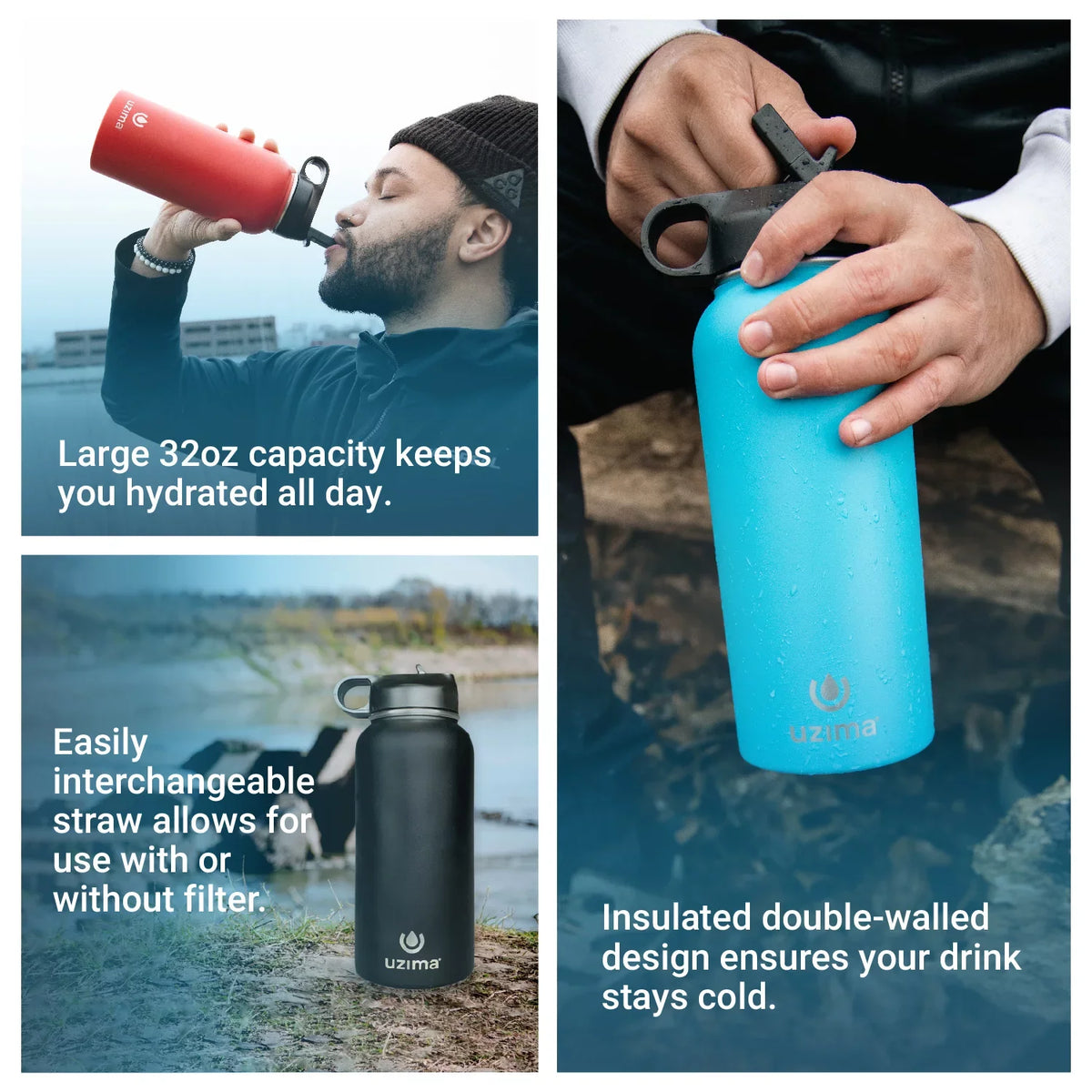 and with Go. Exterior liquid Z-Source Capacity Uzima Steel Double-Walled liquid Bottle for - Purification Large Filtered Hiking, Camping, 32oz Stainless Backpacking, the .(Light Blue) on Travel.