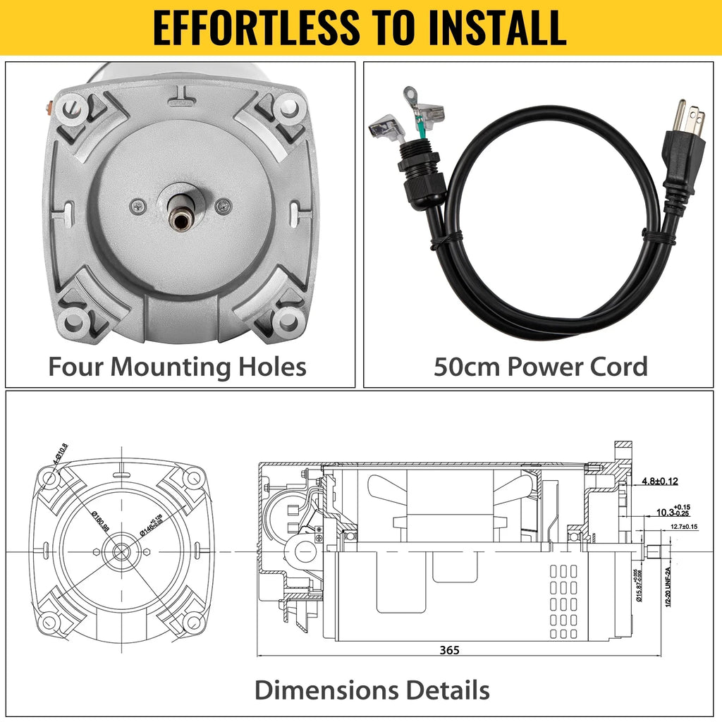Vevor 1.5 Hp, 3463 Rpm, 1 Speed, 230/115 Volts, 7.88/15.5 Amps, 1.1 Service Factor, 56Y Frame, Psc, Odp Enclosure, Square Flange Pool Motor, Swimming Pool Pump Motor, Replacement Pool Motor Kit