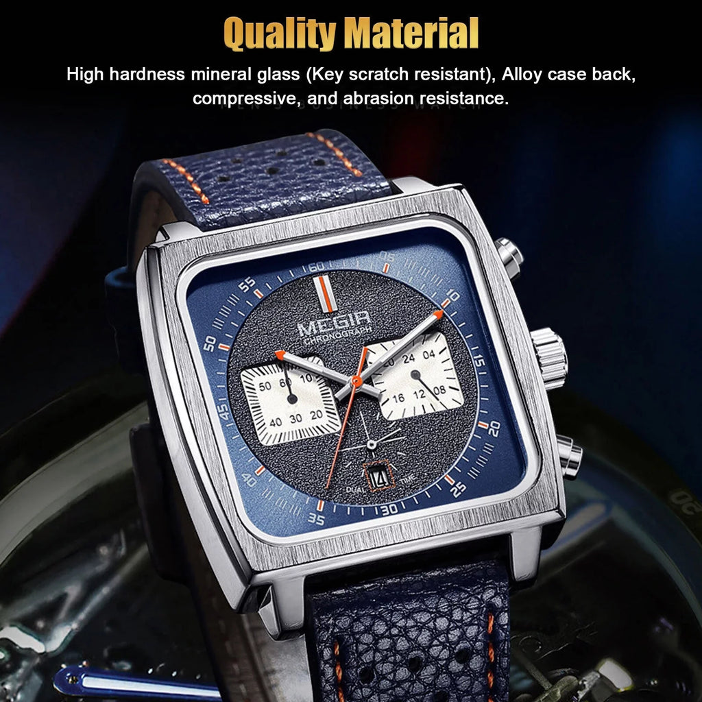 Leather Wrist MEGIR Watch Waterproof Quartz Fashion Luminous Men Calendar Square