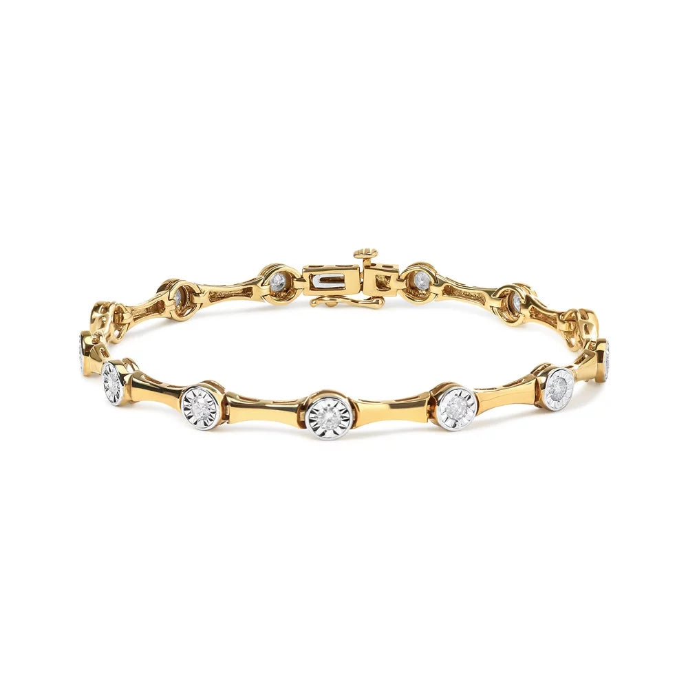 Haus Of Brilliance 10K Yellow Gold Plated .925 Sterling Silver 1.0 Cttw Womens Miracle Set Round Cut Box Clasp Diamond Bezel Style Station Link Bracelet (H-I Color, I3 Clarity) - Size 7"