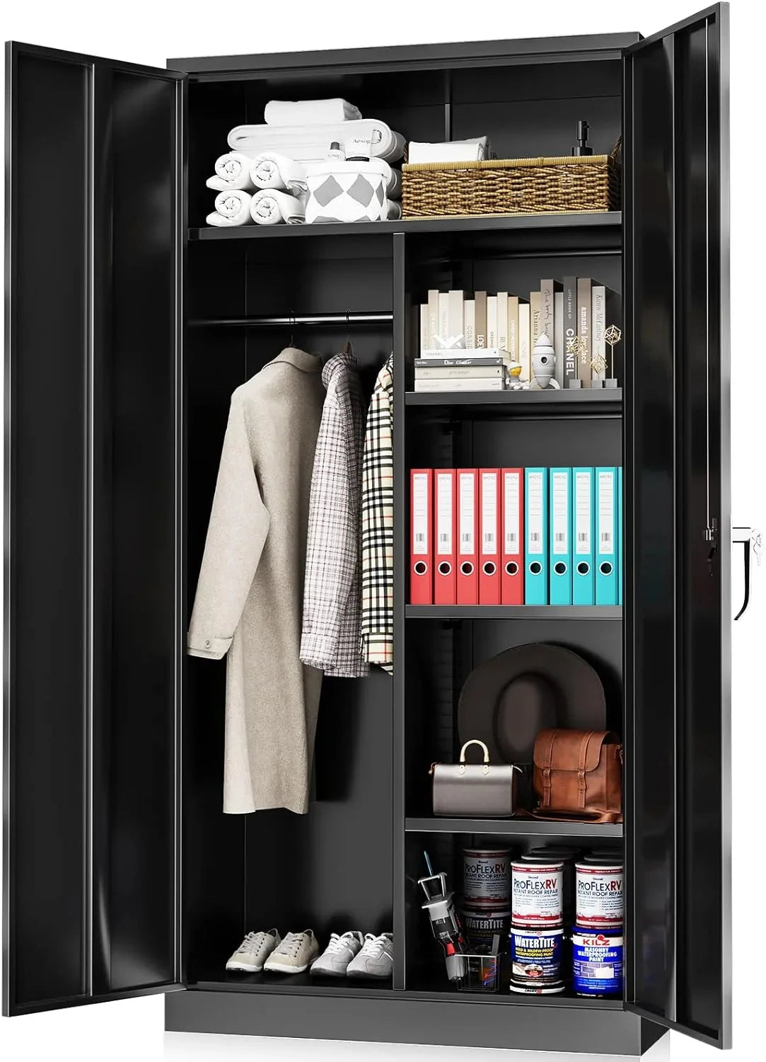 Hoomhibiu Metal Cabinets Locker With Locking Door 72'' Clothing Coat Steel Wardrobe Cabinet With Lock And Shelves For Office Home Garage Employee Freestanding (Black)