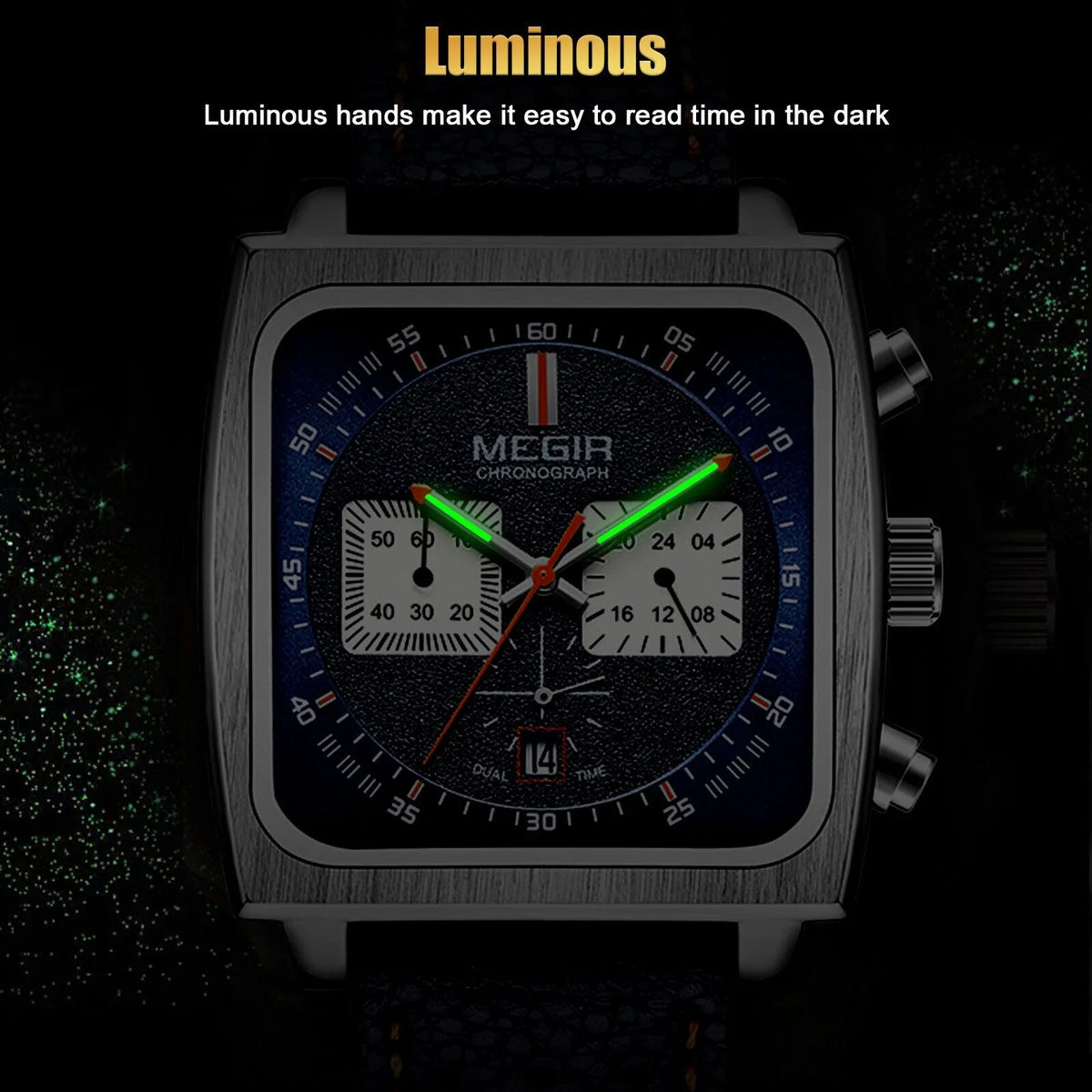 Leather Wrist MEGIR Watch Waterproof Quartz Fashion Luminous Men Calendar Square