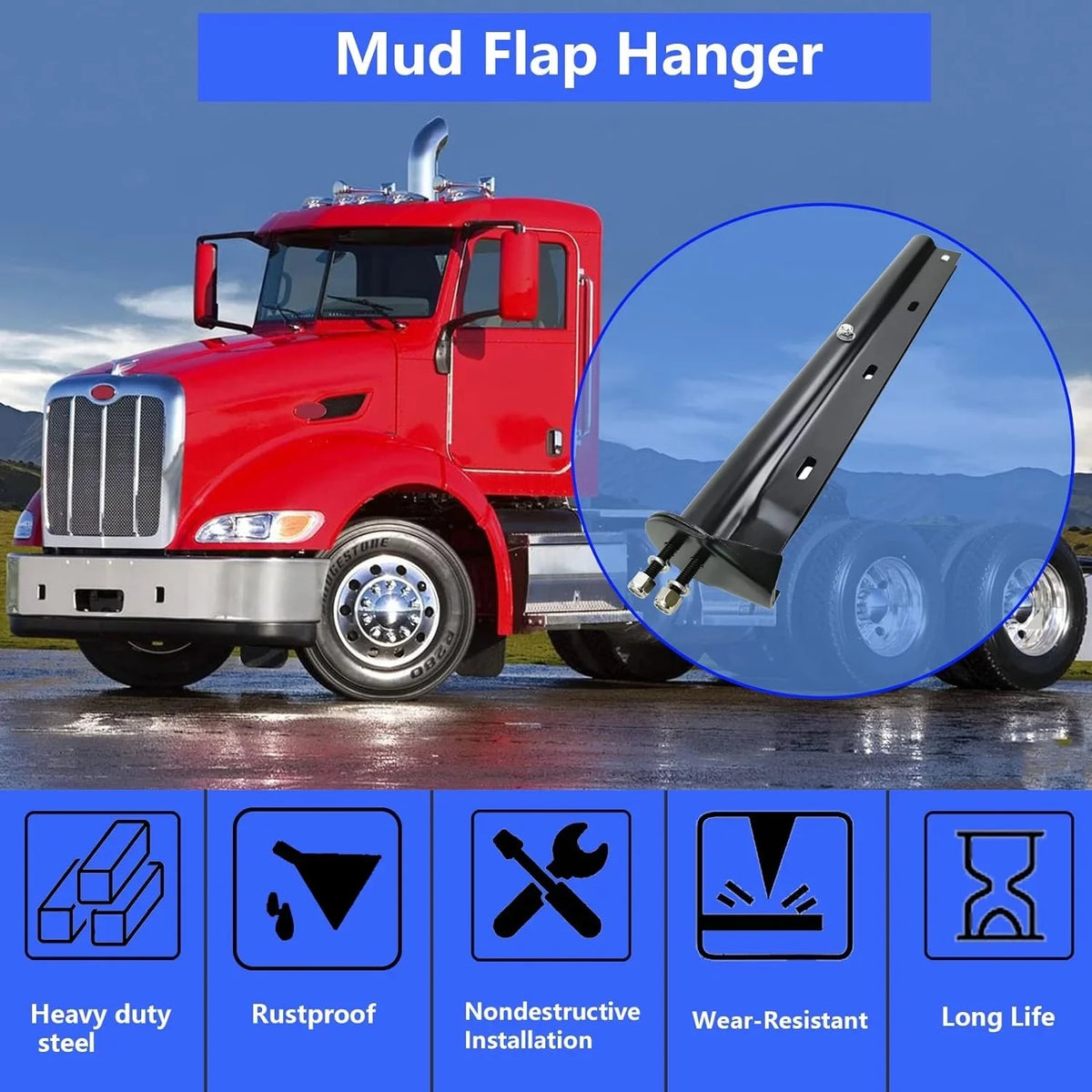 Spring Black Semi Straight for Bolt POWERWORKS Mudflap 1-1/8" Trucks Spacing 30" Mud Flap Hanger Holder Bracket Loaded Set Length