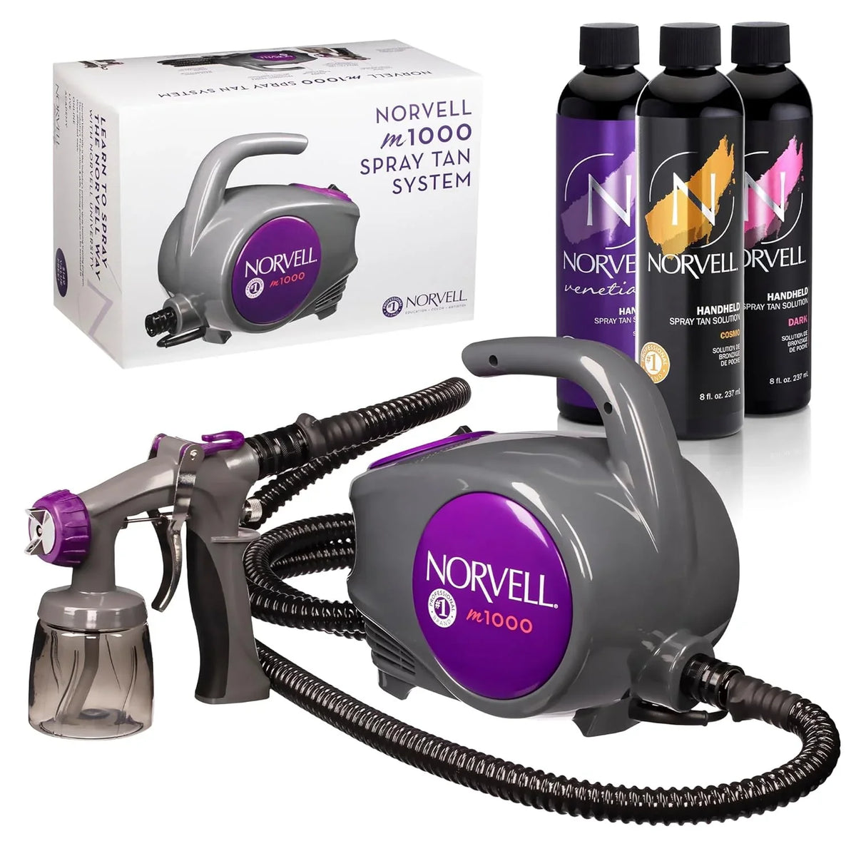 Norvell Sunless Kit - M1000 Mobile Hvlp Spray Tan Airbrush Machine + 8 Oz Tanning Solutions In Ultra Vivid 'Cosmo', Venetian And Dark + Norvell Training Program (Retail Value $490)