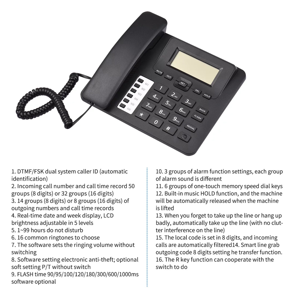 DTMF/FSK Telephone Dial/Ring Home Landline Elderly Black System Sound Phone Corded for IC Chip Date Real-time Control Hands-Free/Redial/Flash/Speed Dual Seniors Meterk Phone Built-in Support Desk