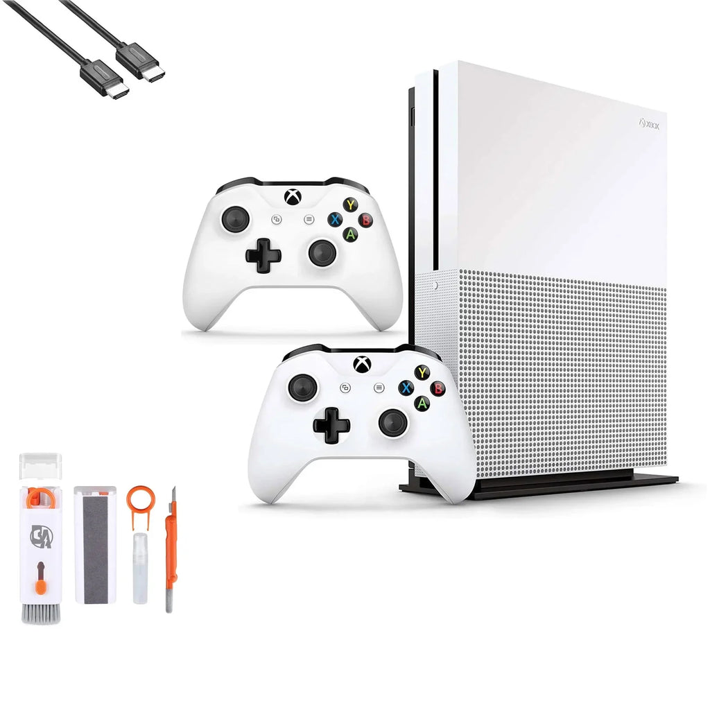 Microsoft Xbox One S 1Tb With 2 Controller, 4K Ultra Hd White With Bolt Axtion Cleaning Kit Hdmi Bundle Like New