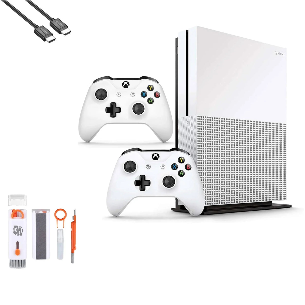 Microsoft Xbox One S 1Tb With 2 Controller, 4K Ultra Hd White With Bolt Axtion Cleaning Kit Hdmi Bundle Like New