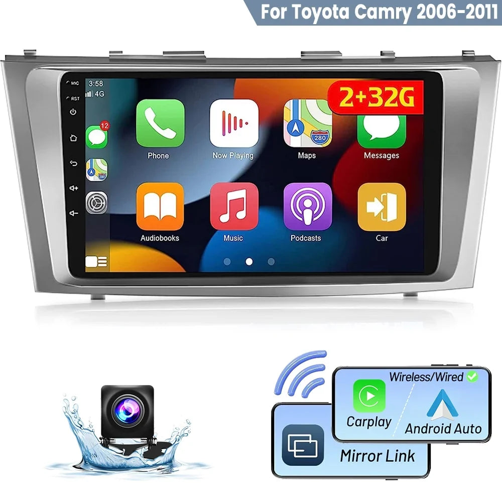 Carplay Podofo 1080P Link Wireless Touchscreen 2+32G Backup FM 9'' Bluetooth, Android WIFI Stereo for Mirror AHD GPS Radio Camry HD Car Hifi 2006-2011 Auto Camera
