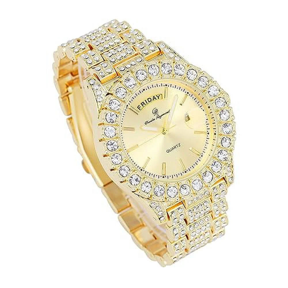 Mens Colorful Diamond w/Easy Read Big Charles Iced Blinged Fully Raymond &Day Hop Designer ST10535 and - Out Hip Out (ST10535-LN Timepiece Gold) Rocks Dials- Watch Date
