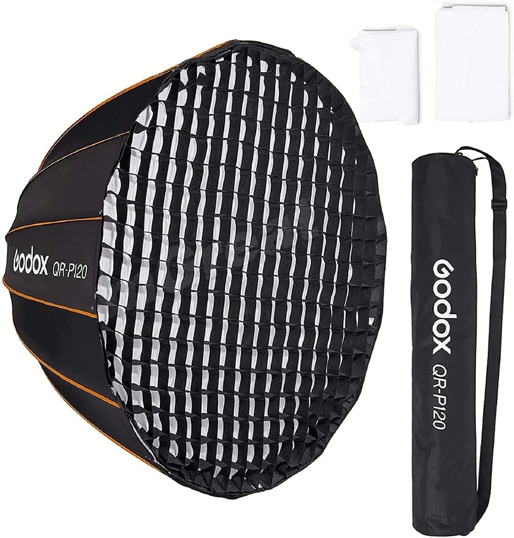 Godox Qr-P120 47.1 Inch/120Cm Parabolic Softbox Bowens Mount, Quick Release Parabolic Softbox, With Front & Inner Diffuser Sl-60W Ad600Bm Vl150 Ul150 Sl150Ii Amaran 100X 200D 200X W/Grid