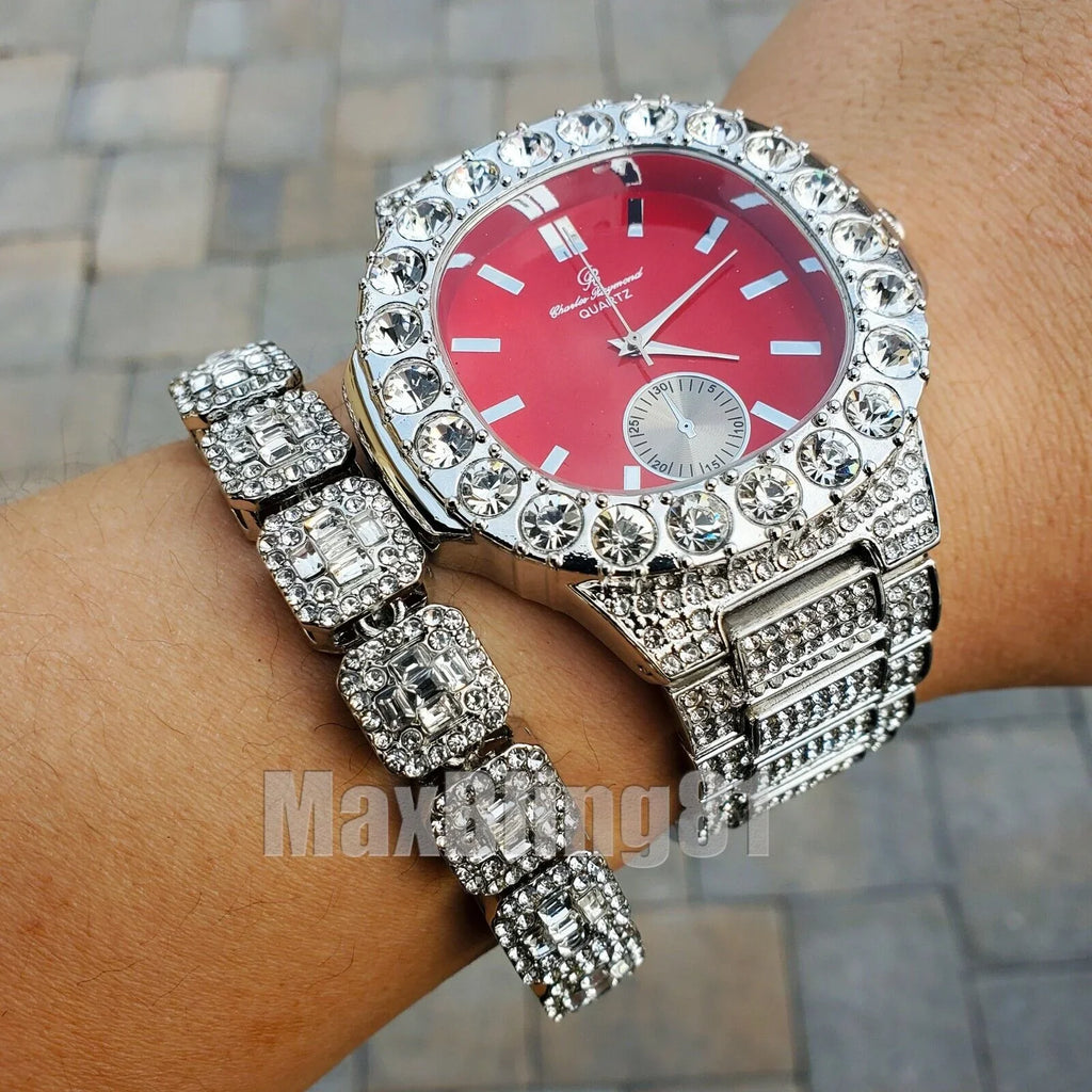 BRACELET WATCH BAGUETTE HOP DIAL SILVER ICED RED STONE BLING PT & HIP LUXURY