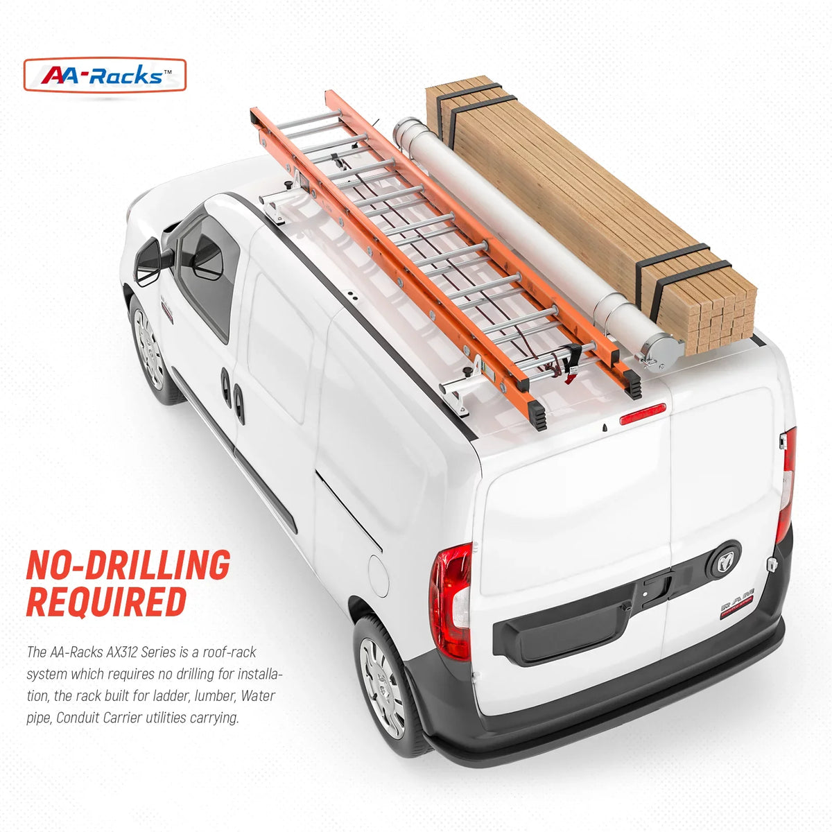 AX312-PR (50") White ProMaster AA-Racks Van City Aluminum w/ 2015-On Stopper 2 System RAM Ladder Roof Model Rack Bar