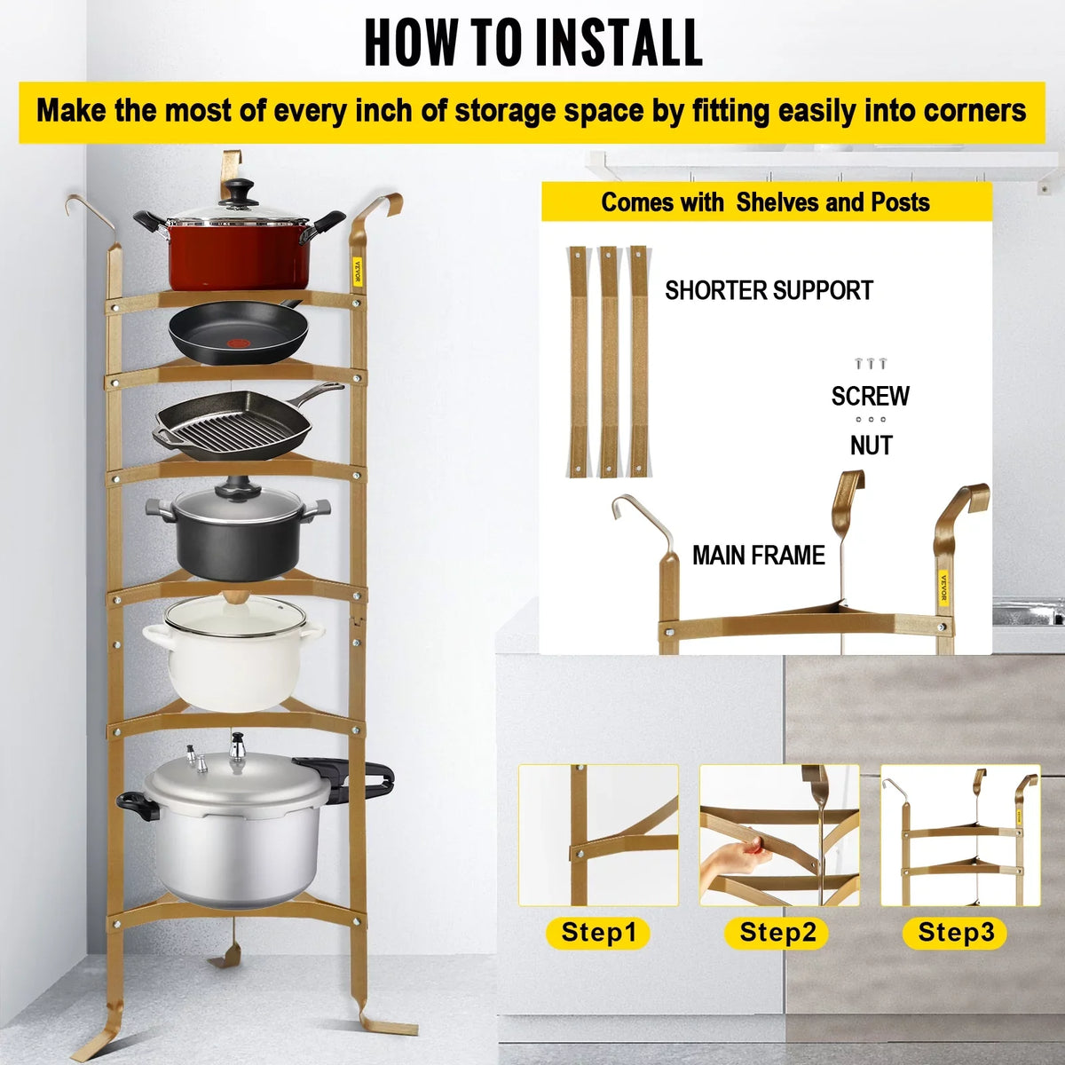 Unassembled Kitchen Copper Stand, Kettles Steel Tower, Rack Pot Rack, Corner Cookware SKYSHALO Storage Pots, Shelf, Cookware Cookware Storage Carbon Pans, 6-Tier Multi-Layer for Baskets Shelf 61-inch
