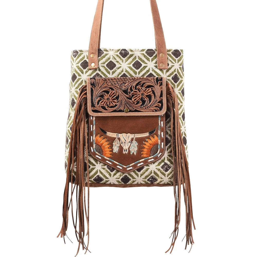 Kb Ohlay Kb367 Tote Hand Tooled Upcycled Wool Upcycled Canvas Genuine Leather Women Bag Western Handbag Purse