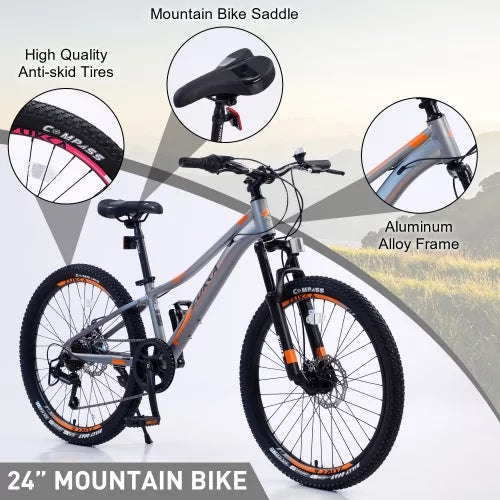 24 alloy Mountain Frame,10 inch shimano Boys for Frame and Girls Mountain fork,Aluminum bike,Suspension 7-Speed inch Bike